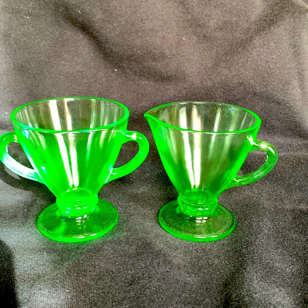 Uranium green glass cream and sugar set